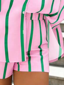 INAWLY Women's Casual Vacation Contrast Stripe Loose Fit Drop Shoulder Long Sleeve Shirt And Shorts 2-Piece Set, Spring/Summer - Pink - View 4