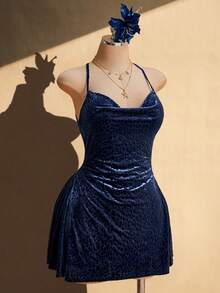 SHEIN ICON Plus Size Fitted Leopard Print Flocked Plunge Neck Backless Mini Dress - Blue - View 5