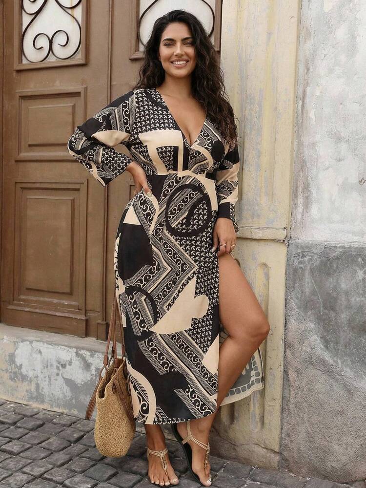 Dazy Plus Plus Size Women's Print Deep V-Neck Cinched Waist Long Nightgown, Suitable For Spring And Summer Vacation