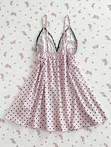 Elamini 女士粉色波点拼接黑色蕾丝蝴蝶结A字夏季连衣裙，欧美性感甜美浪漫约会海滩度假风吊带连衣裙 - 粉色 - 查看 2