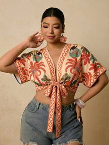 Travachic Áo sơ mi nữ cỡ lớn in hình cây dừa, kiểu dáng thường ngày, đa năng, thích hợp mặc hàng ngày. - Nhiều màu - Xem 5