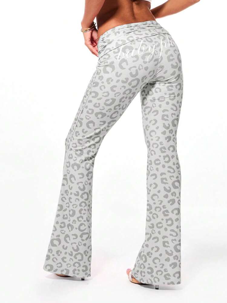 BABYPHAT Women Fold Over Waist Printed Leggings With Leopard Pattern Flare Bottom Casual Pants Stretchy Comfort Fit