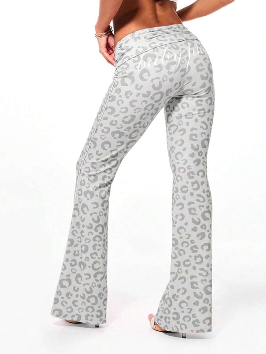BABYPHAT Women Fold Over Waist Printed Leggings With Leopard Pattern Flare Bottom Casual Pants Stretchy Comfort Fit - Grey - View 1