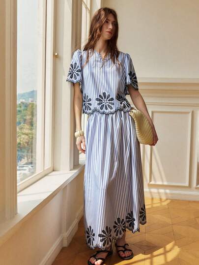 Écloséra Bộ đồ 2 mảnh phong cách Bohemian thường ngày dành cho nữ, màu xanh dương và trắng kẻ sọc thêu, thích hợp cho kỳ nghỉ.