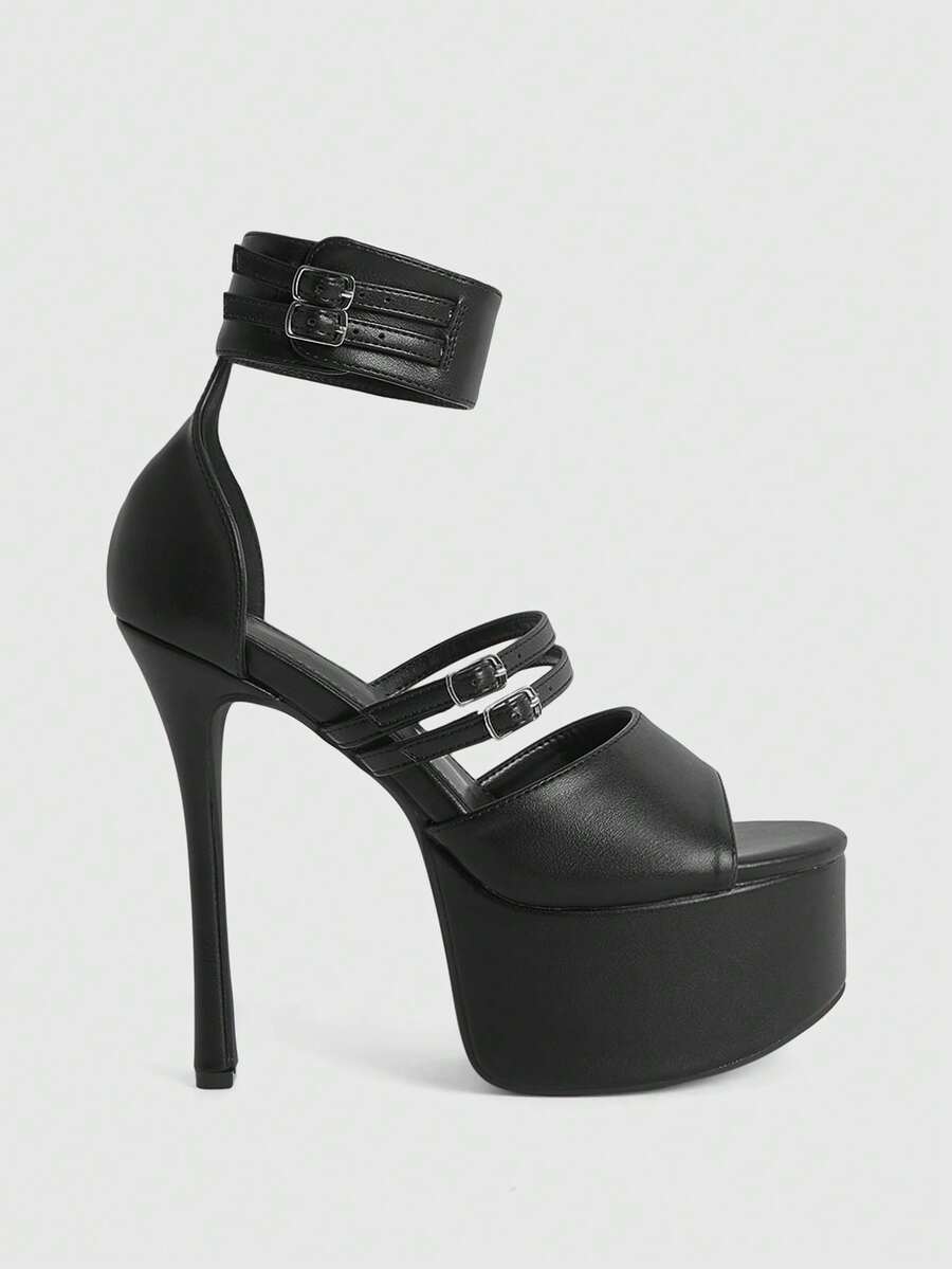 CUCCOO LuxiPop 女士高跟防水厚底系带凉鞋，性感时尚红色细高跟鞋，适合夜店穿着 - 黑色4 - 查看 1