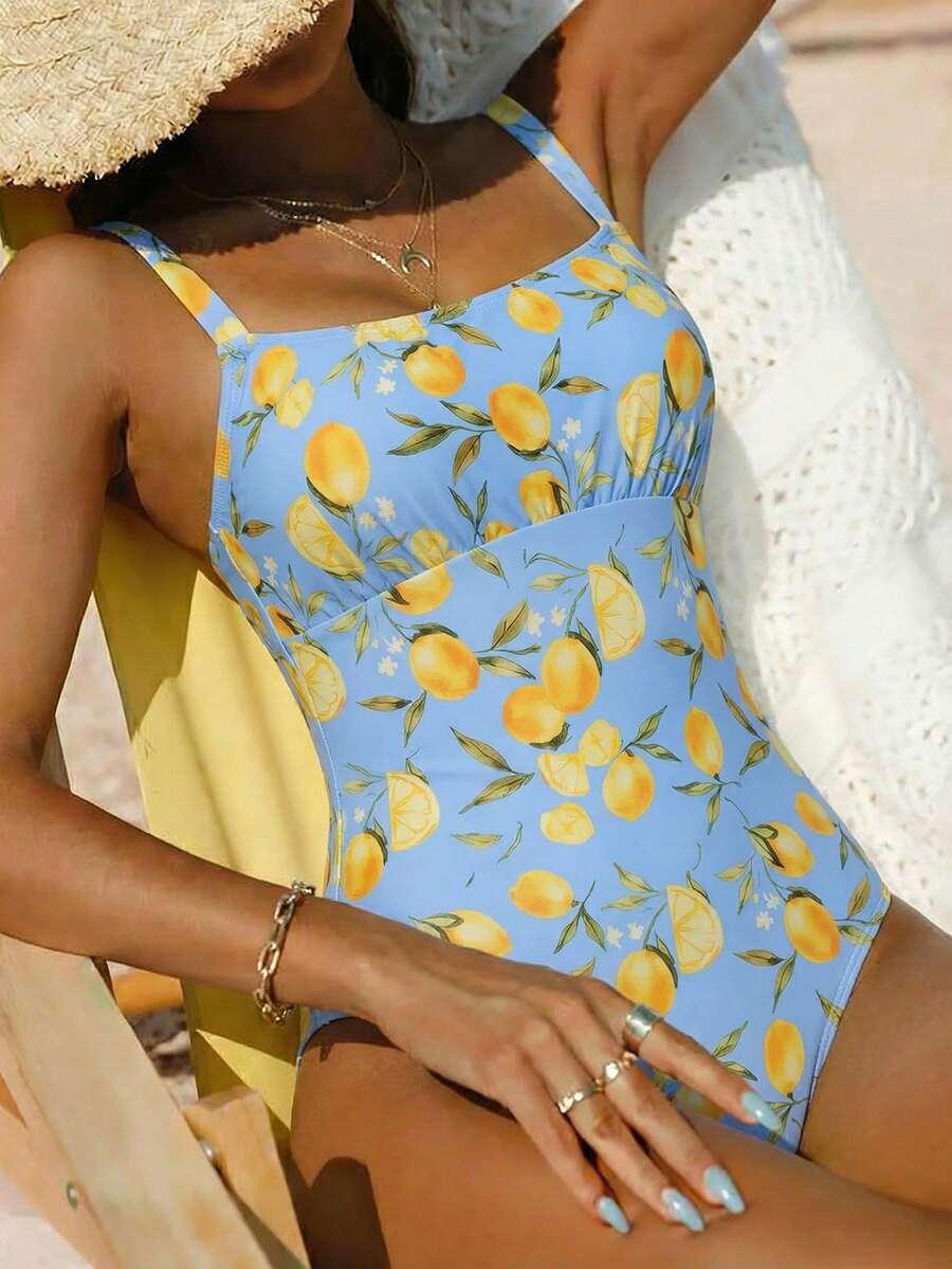 Swim Vcay Traje de baño de una pieza con estampado de frutas tropicales para vacaciones en la playa - Azul - Ver 1