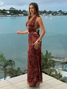 Aloruh 女士印花镂空露腰露背连衣裙，波西米亚风动物纹串珠露腰露背连衣裙，夏季沙滩裙，女士沙滩度假装，度假连衣裙，女士热带度假装，热带度假女装，性感露背连衣裙 - 棕色 - 查看 5
