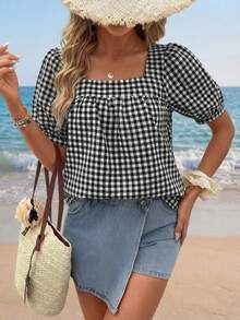 SHEIN LUNE Women's Casual Square Collar Plaid Short Sleeve Blouse, Spring/Summer Basic,Casual - Black - View 4