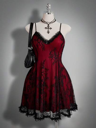 SHEIN ICON Plus Size Women's Lace Contrast Color Slip Dress