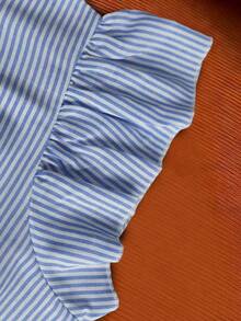 GlowEve 女士优雅蓝色条纹贝壳刺绣蝴蝶结短袖修身喇叭短连衣裙，春夏款 - 藍色 - 查看 5