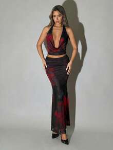 SHEIN ICON Bộ đồ 2 món mùa hè dành cho nữ, thích hợp cho các lễ hội, tiệc bãi biển, đi chơi, gợi cảm, quyến rũ với họa tiết hoa, gồm áo cổ xếp ly hở lưng và chân váy đuôi cá. - màu đen - Xem 1