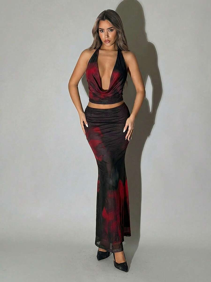 SHEIN ICON Bộ đồ 2 món mùa hè dành cho nữ, thích hợp cho các lễ hội, tiệc bãi biển, đi chơi, gợi cảm, quyến rũ với họa tiết hoa, gồm áo cổ xếp ly hở lưng và chân váy đuôi cá. - màu đen - Xem 1