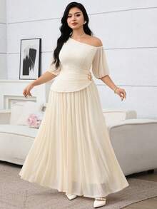 Conjunto informal de 2 piezas de talla grande para mujer con top asimétrico de hombro y decoración metálica, y falda de unicolor - Albaricoque - Ver 6