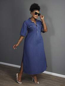 Slaydiva Đầm denim nữ cỡ lớn tay ngắn cài cúc nửa thân trước kiểu dáng thường ngày - Rửa trung bình - Xem 4