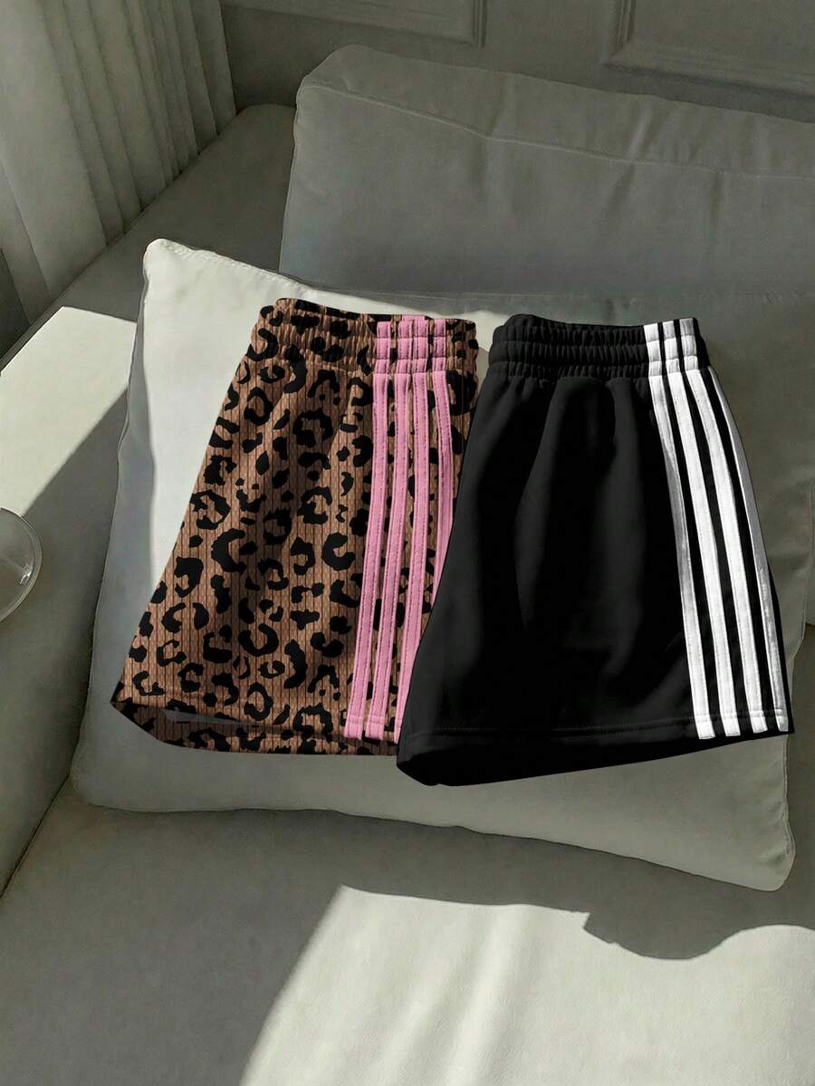 Comfortcana 2pcs Women's Casual Leopard Print Color Block Brown Black Loose Knit Patchwork Plus Size Shorts,Summer Hiking Beach Vacation Bohemian Style Shorts - Multicolor - View 1