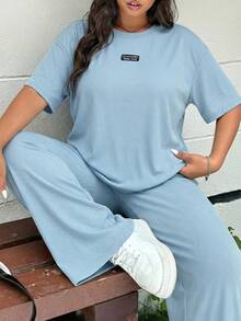 GalTyme Conjunto de 2 piezas de top de manga corta de cuello redondo azul y pantalones, talla grande, primavera/verano - Azul - Ver 1