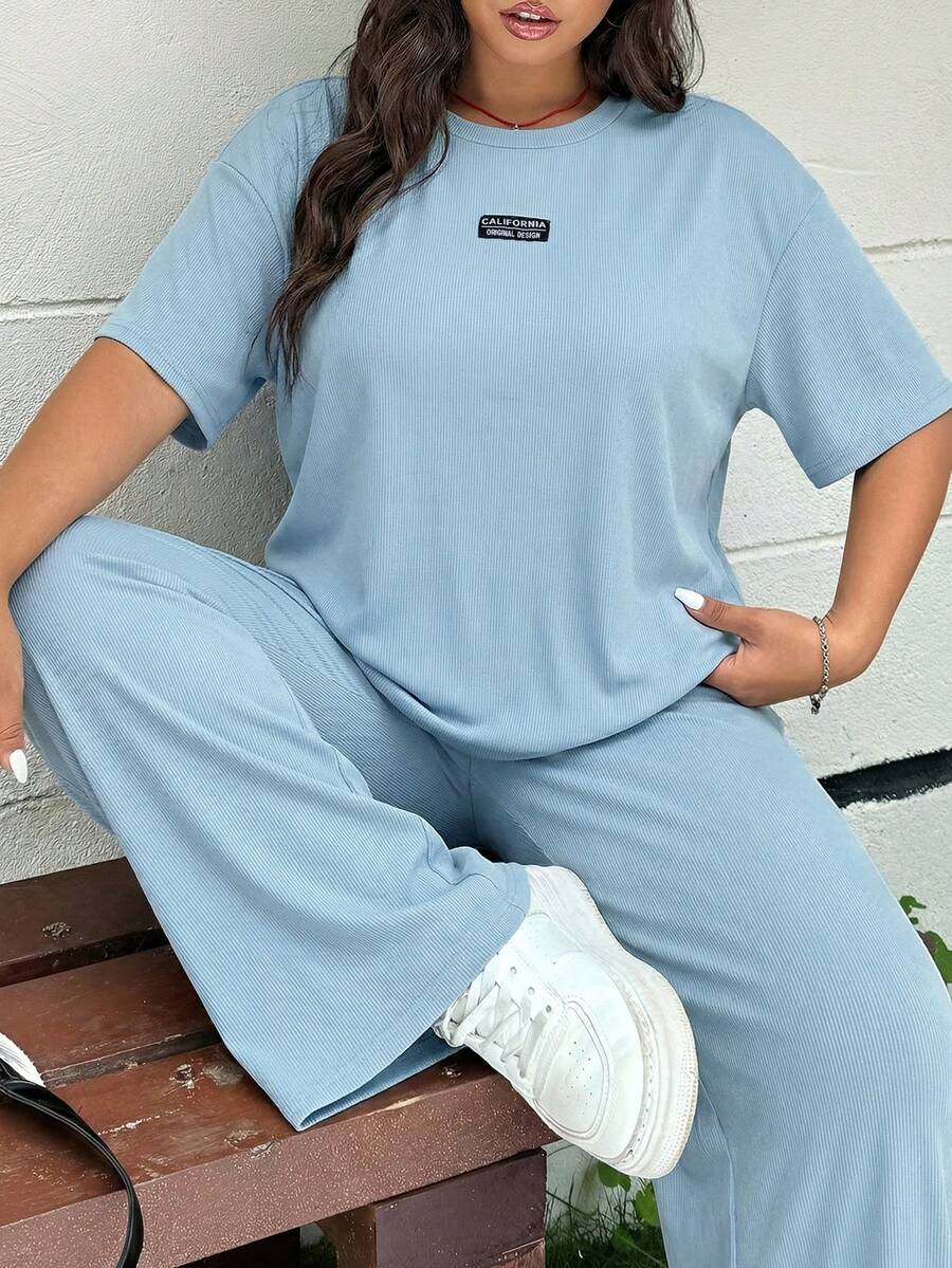 GalTyme Conjunto de 2 piezas de top de manga corta de cuello redondo azul y pantalones, talla grande, primavera/verano - Azul - Ver 1