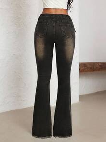 SHEIN PETITE Women's Fashion Button Frayed Hem Flare Jeans - Black - View 2