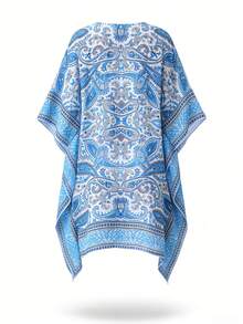 Swim Lushoire 夏季沙灘女性假期寬鬆遮陽裙，帶有印花V領和蝙蝠袖 - 藍色 - 查看 7