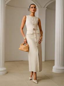 ZEYLAH Đầm linen không tay thanh lịch, thắt eo, thích hợp mặc đi làm hoặc mùa hè. - Màu be - Xem 6