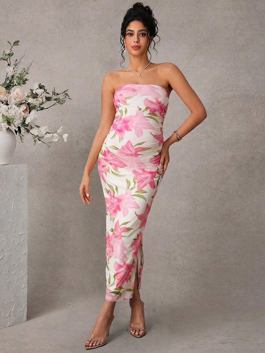 SHEIN Đầm bầu maxi in họa tiết có xẻ tà, thanh lịch - Hồng - Xem 1