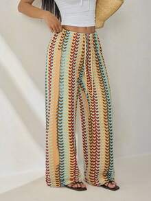 SHEIN PETITE 女士度假风抽绳腰带印花宽松阔腿休闲裤，秋季款 - 彩色 - 查看 5