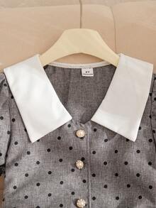 SHEIN Elladie kids 女童夏季新款白色翻领连衣裙，灰色波点印花前片，收腰设计，休闲简约时尚连衣裙 - 灰色 - 查看 3