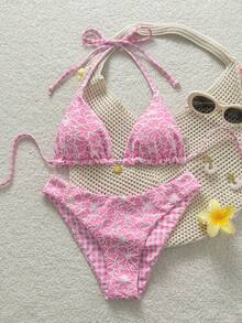 Swim Mod Women's Sweet Pink Floral Print Reversible Halter Tie Sexy Bikini Swimsuit Set, Bikinis Set For Women - Pink - View 3