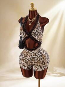 Amplova Women's Leopard Print Vintage Sexy Sheer Low-Cut Jumpsuit With Ruffle Hem, Suitable For Spring/Summer Vacation Boho Chic Daring Style, Brown Leopard Print Jumpsuit - Brown - View 3