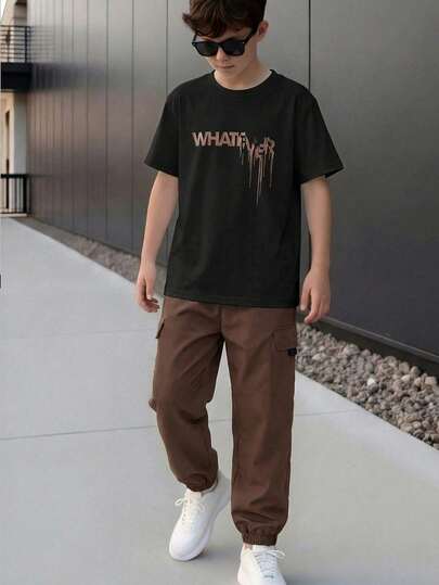 SHEIN Vacaura 2pcs Boys' Spring/Summer Outfit Set - Printed Black Short Sleeve T-Shirt Paired With Cargo Pants, Casual Versatile Suit
