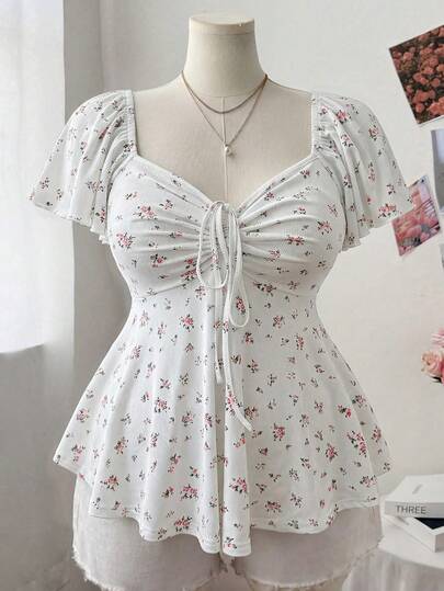 Sweetra Plus Size Women's Square Neck Drawstring Cap Sleeve Ruffle Sleeve Ditsy Floral Casual Cute Elegant Vacation A-Line T-Shirt, Spring/Summer