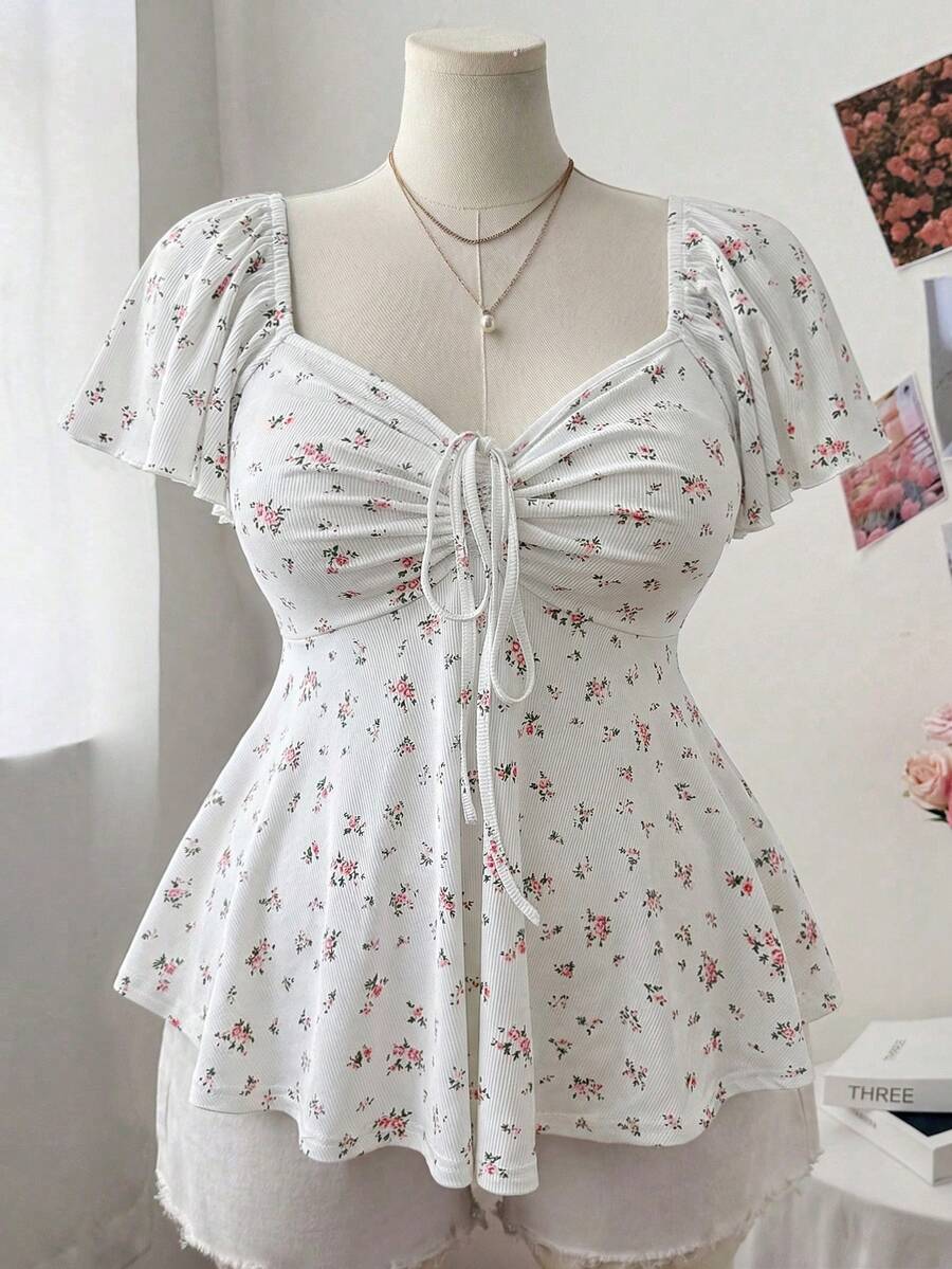Sweetra Plus Size Women's Square Neck Drawstring Cap Sleeve Ruffle Sleeve Ditsy Floral Casual Cute Elegant Vacation A-Line T-Shirt, Spring/Summer - White - View 1
