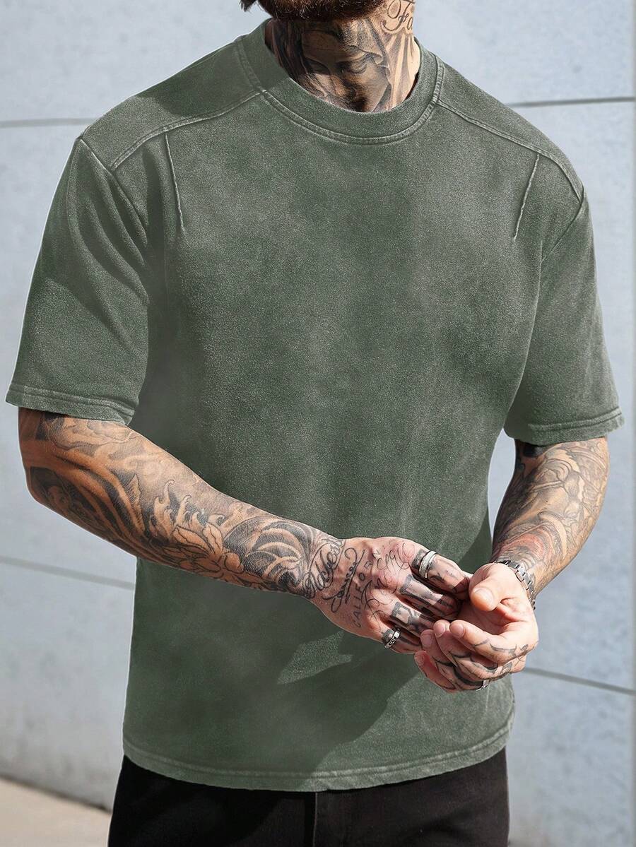 Manfinity CasualCool 男士休闲圆领短袖T恤，夏季 - 橄欖綠 - 查看 1