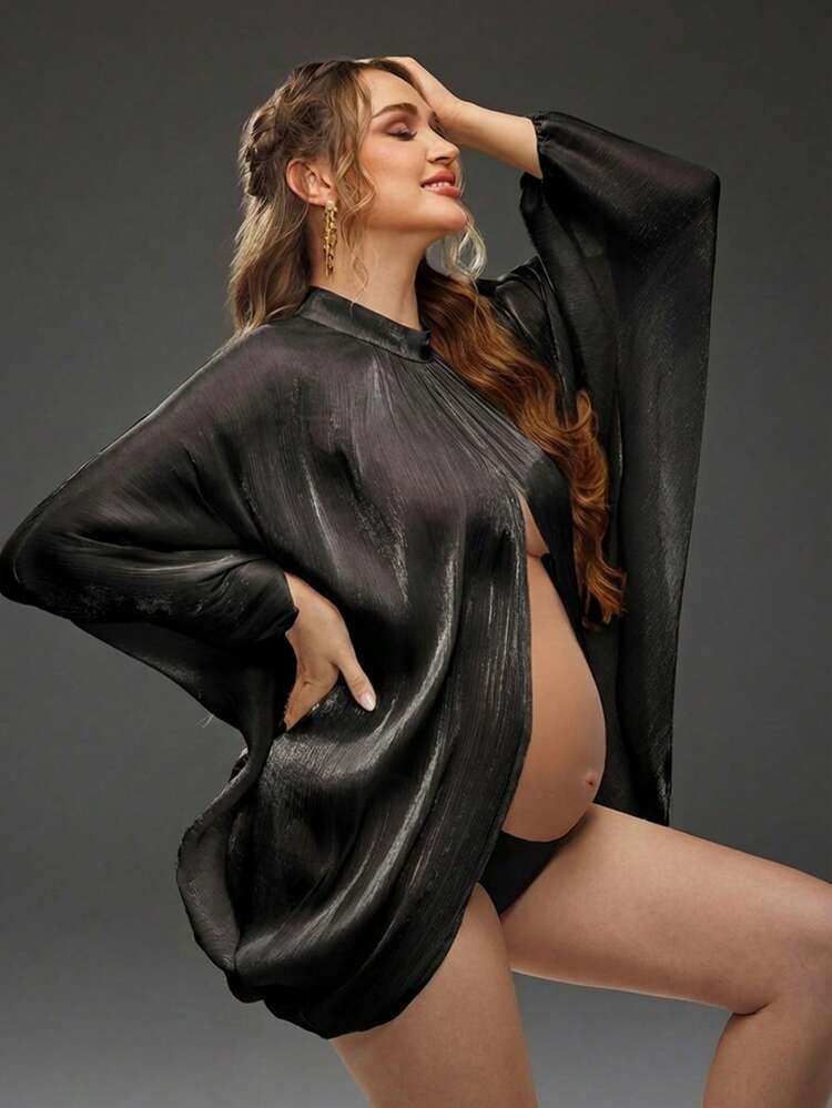 SHEIN Cherish Maternity Maternity Solid Color Batwing Sleeve Top, Front & Back Slit Photoshoot Dress - Black - View 1