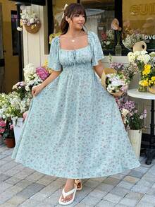 GalTyme 大码女式碎花系带多功能沙滩裙 - 藍色 - 查看 3