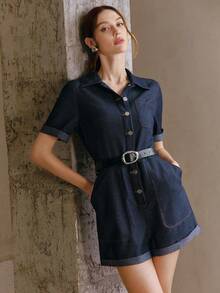 Anewsta Women's Elegant Navy Blue Summer Casual Jumpsuit, Short Sleeve Shirt Collar, Metal Buckle, Adjustable Cinched Waist, Dual Pockets, Mother's Day Vacation Wear - Navy Blue - View 3