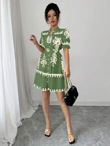 Elenzga Đầm nữ kiểu dáng thường ngày in hoa, cổ chữ V, thắt eo. - màu xanh lá - Xem 4