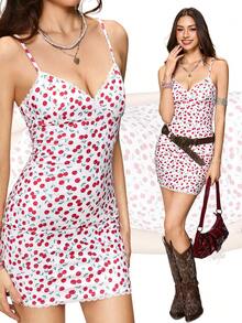 Rina Fox 女士樱桃蕾丝拼接可调节肩带性感紧身迷你连衣裙 - 彩色 - 查看 6