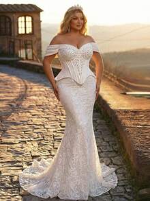 大码优雅奢华珍珠串珠蕾丝拼接弹力针织美人鱼裙，性感无肩带长拖尾，适合婚礼、派对、度假、新娘礼服 - 白色 - 查看 8