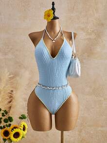 SHEIN Swim Mod 女士春夏新款黄色纹理面料浅蓝色花卉饰边V领露背吊带连体泳衣 - 藍色 - 查看 6
