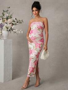 SHEIN Đầm bầu maxi in họa tiết có xẻ tà, thanh lịch - Hồng - Xem 4