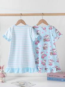 2-Piece Girls Toddler White Fairy Night Short Sleeve Nightgown Skirt Cartoon Rabbit & Bear Print Pajamas Ruffle Hem Soft Knit Sleepwear Homewear Set - Baby Blue - View 2