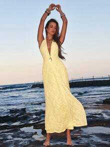 Opulessa Vestido de verano con escote halter y espalda descubierta de unicolor y encaje a ganchillo para mujeres - Amarillo claro - Ver 4
