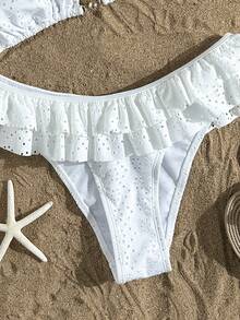 Swim Mod Bộ bikini hai mảnh màu trơn dành cho nữ, kiểu dáng khoét rỗng, viền bèo nhún, cổ chữ V, buộc dây cổ, thích hợp cho mùa hè. - trắng - Xem 5