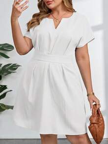 SHEIN Clasi Plus Size Solid Color Notched Neck Belted Elegant Summer Dress For Women - White - View 6