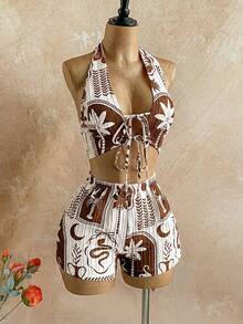 Conjunto de 2 piezas de top con cuello halter y pantalones cortos estampados de estilo tropical, adecuado para fiestas, citas, Día de San Valentín, Pascua, carnavales, té de la tarde, play - Marrón - Ver 2