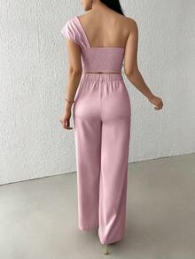 Modelyn Bộ đồ 2 món dành cho nữ: quần ống loe màu hồng trễ vai, họa tiết hoa 3D, cạp chun. - Hồng - Xem 2