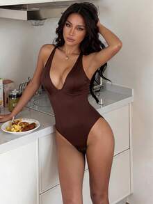 Sleeveless Backless Coffee Brown Fabric Bodysuit For Women Tummy Control - Coffee Brown - View 4