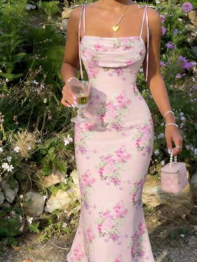 SHEIN MOD Pink Vintage Floral Scoop Neck Ruffle Ribbon Dress – Dreamy Romantic Women's Summer And Spring Dress For Date, Party, Spring Break, Vacation, Picnic, Festival, Birthday Beach Dresses Wedding Guest Dress For Women Wedding Party Dress Graduation Dress Vacation Outfits Women Holiday Dresses Country Concert Outfit
