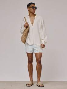 Musero Open V Neck Front Relaxed Fit Long Sleeve Dropped Shoulder Circular Neckline Shirt Spring Summer Essentials Holiday Beach - Khaki - View 5